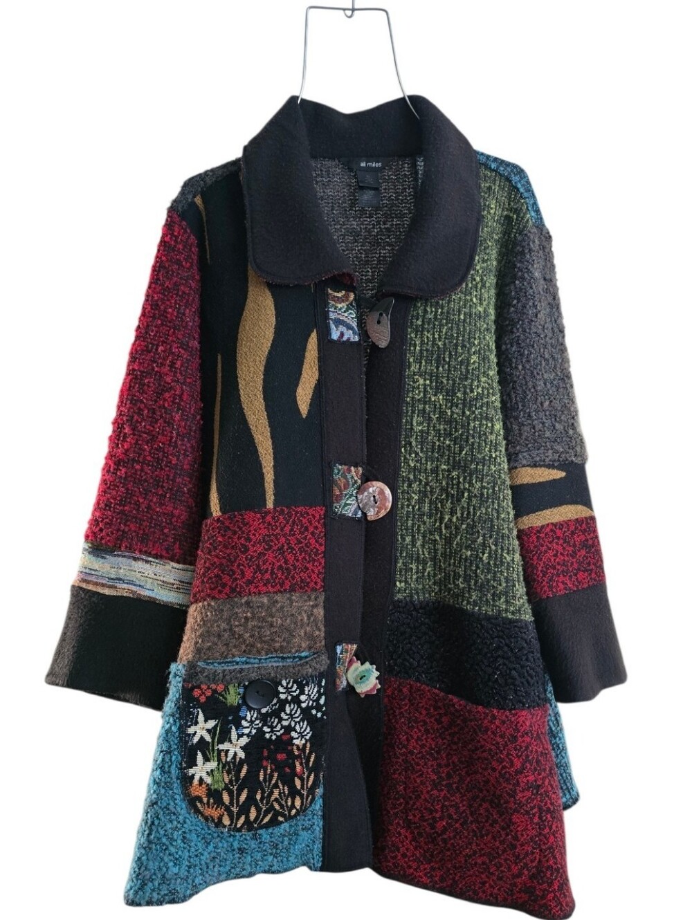 Ali Miles Multicolor Patchwork Light Weight Cardigan Sweater Floral Pocket XL - Picture 3 of 16